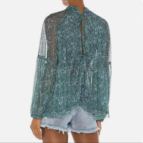 Free People Babydoll Top Mesh Balloon Sleeves Ties in the Back Floral Print Sz S - Picture 2 of 11